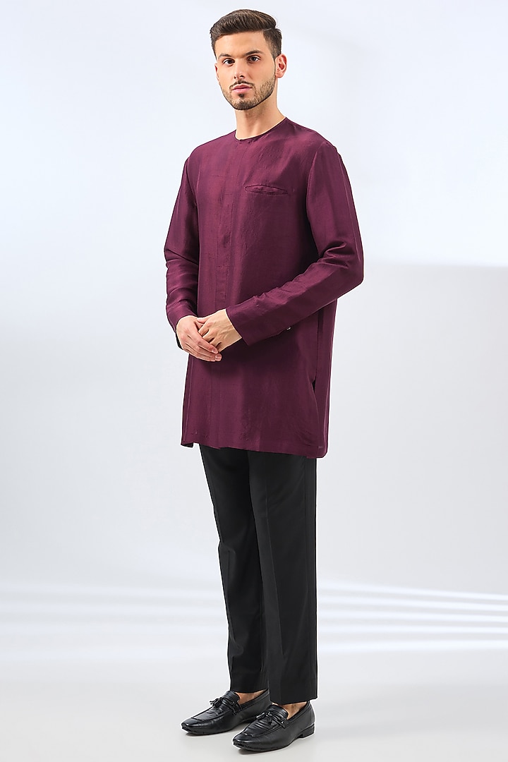 Claret Silk Embroidered Groom Indowestern Jacket Set by Divyam Mehta Men at Pernia's Pop Up Shop
