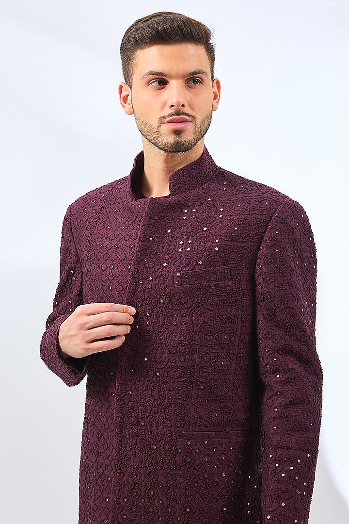 Claret Silk Embroidered Groom Indowestern Jacket Set by Divyam Mehta Men at Pernia's Pop Up Shop