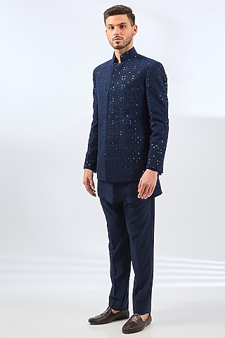 Navy Blue Silk Embroidered Indowestern Jacket Set by Divyam Mehta Men
