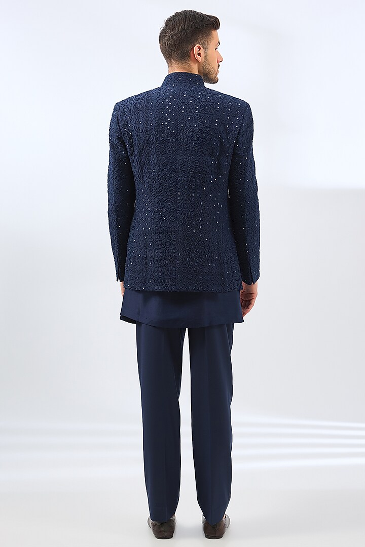 Navy Blue Silk Embroidered Groom Indowestern Jacket Set by Divyam Mehta Men at Pernia's Pop Up Shop
