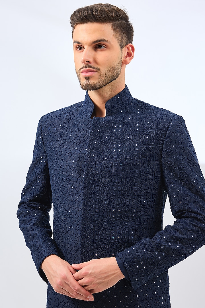 Navy Blue Silk Embroidered Groom Indowestern Jacket Set by Divyam Mehta Men at Pernia's Pop Up Shop
