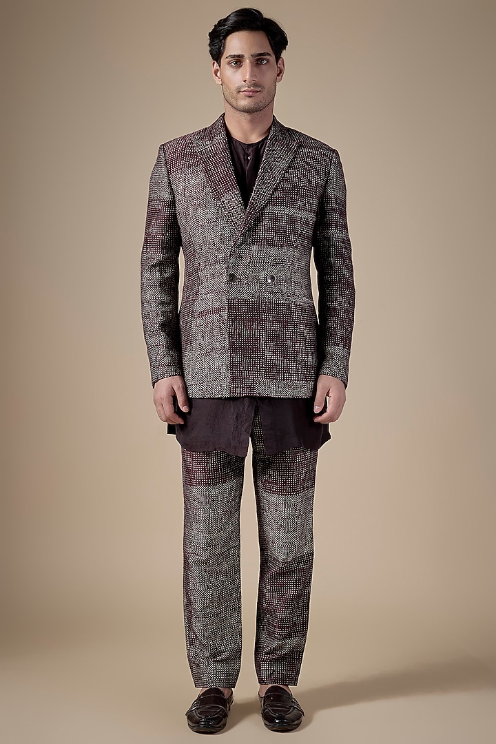 Falsa-Colored Matka Silk Printed Groom Indowestern Set by Divyam Mehta Men at Pernia's Pop Up Shop