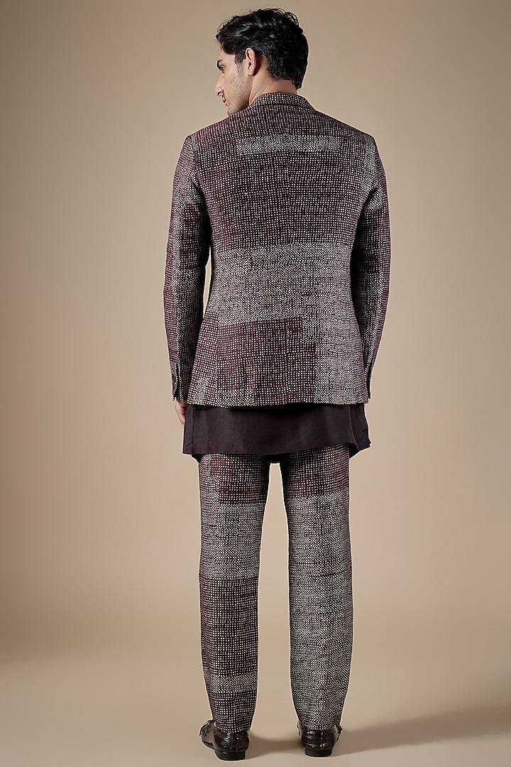 Falsa-Colored Matka Silk Printed Groom Indowestern Set by Divyam Mehta Men at Pernia's Pop Up Shop
