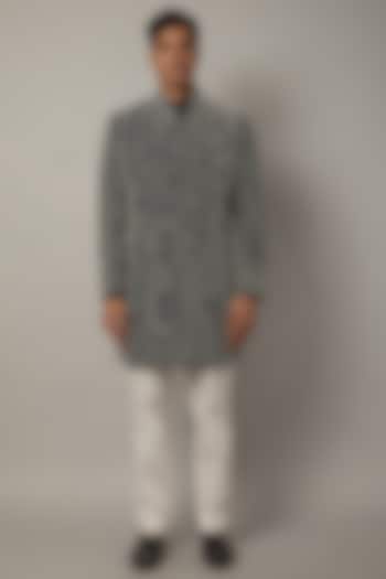 Midnight Blue Raw Silk Beads Embroidered Achkan Set by Divyam Mehta Men at Pernia's Pop Up Shop