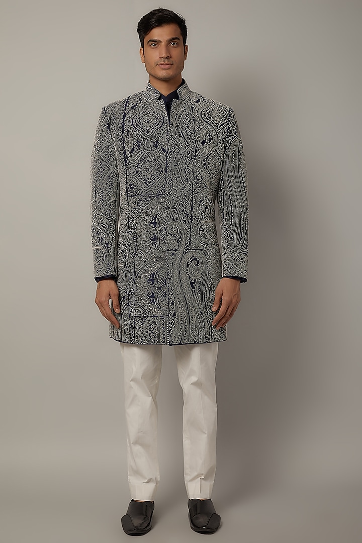 Midnight Blue Raw Silk Beads Embroidered Achkan Set by Divyam Mehta Men at Pernia's Pop Up Shop