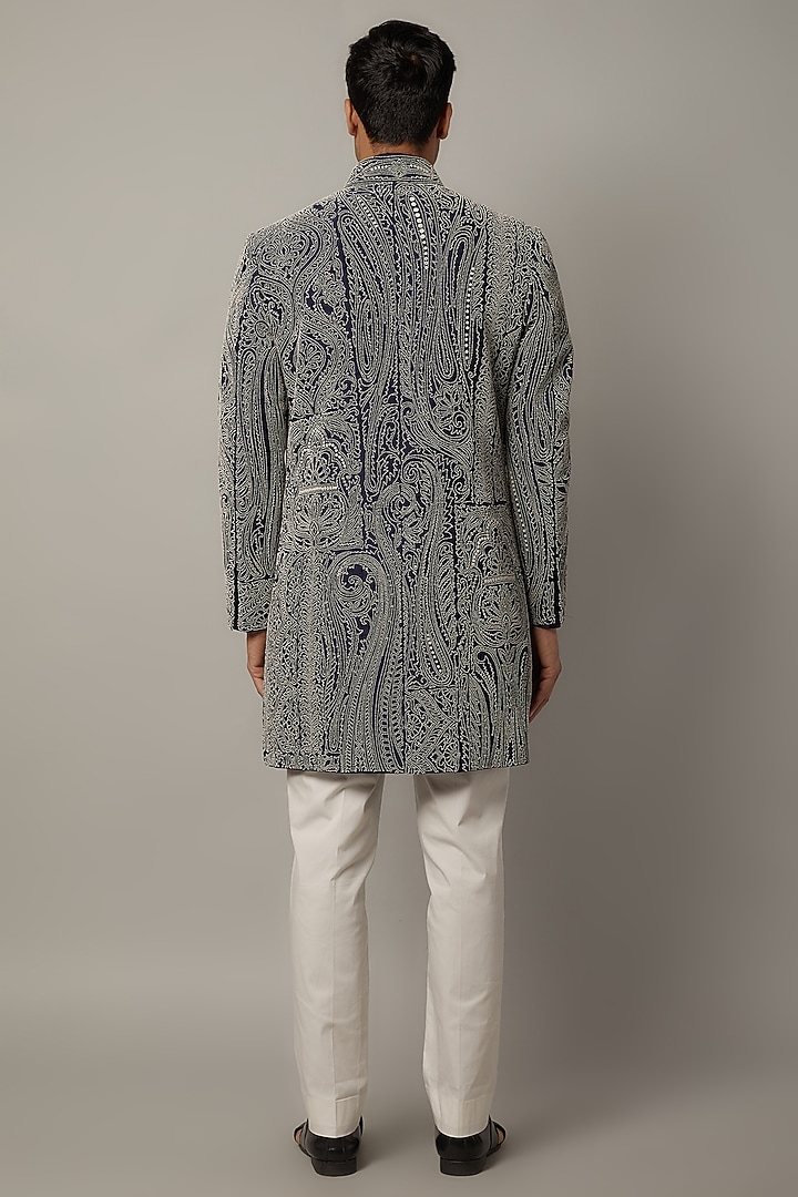 Midnight Blue Raw Silk Beads Embroidered Achkan Set by Divyam Mehta Men at Pernia's Pop Up Shop