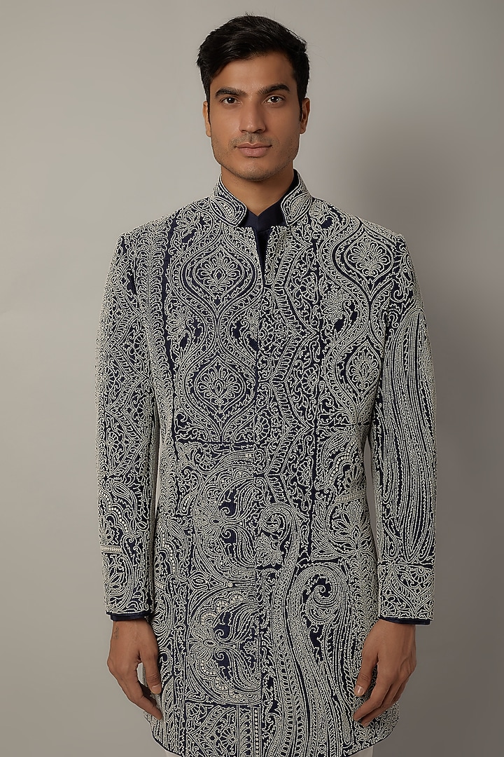 Midnight Blue Raw Silk Beads Embroidered Achkan Set by Divyam Mehta Men at Pernia's Pop Up Shop