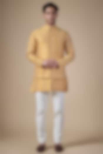 Haldi Yellow Raw Silk Bundi Jacket Set by Divyam Mehta Men at Pernia's Pop Up Shop