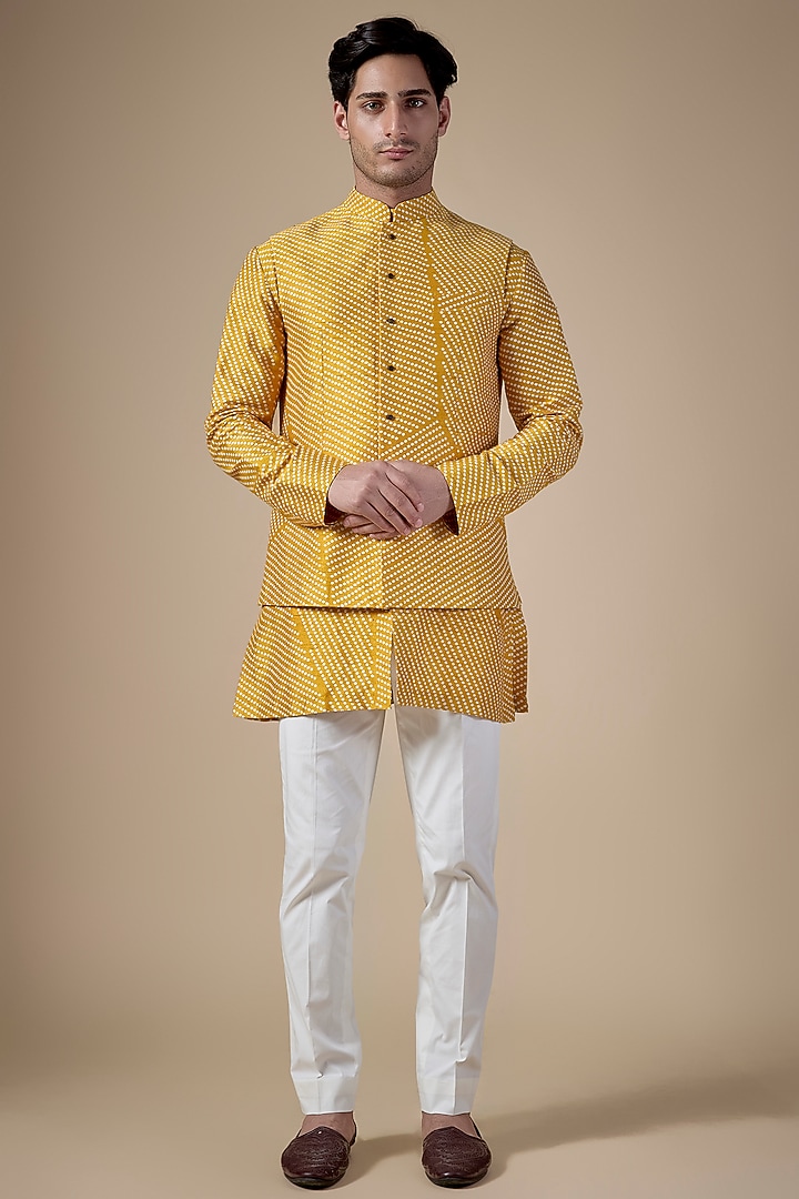 Haldi Yellow Raw Silk Bundi Jacket Set by Divyam Mehta Men at Pernia's Pop Up Shop