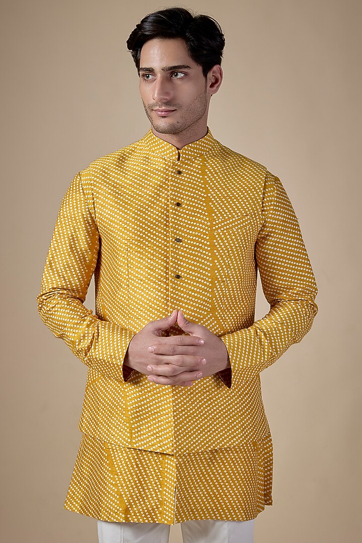 Haldi Yellow Raw Silk Bundi Jacket Set by Divyam Mehta Men at Pernia's Pop Up Shop