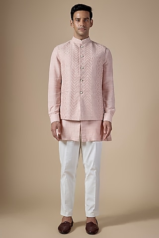 Onion Pink Matka Silk Hand Embroidered Nehru Jacket Set by Divyam Mehta Men