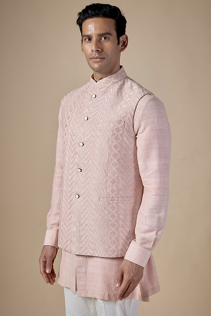 Onion Pink Matka Silk Hand Embroidered Nehru Jacket Set by Divyam Mehta Men at Pernia's Pop Up Shop