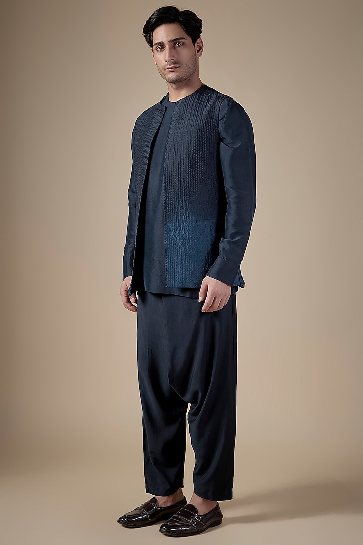 Shaded Blue Dupion Silk Nehru Jacket Set by Divyam Mehta Men at Pernia's Pop Up Shop