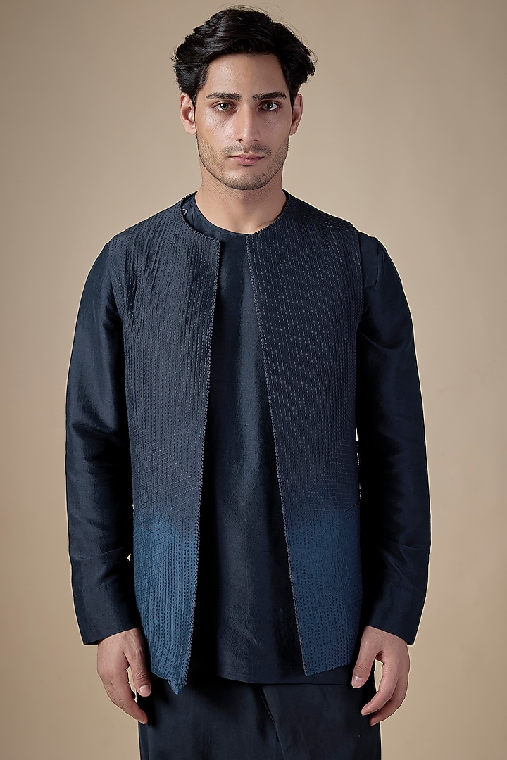 Shaded Blue Dupion Silk Nehru Jacket Set by Divyam Mehta Men at Pernia's Pop Up Shop