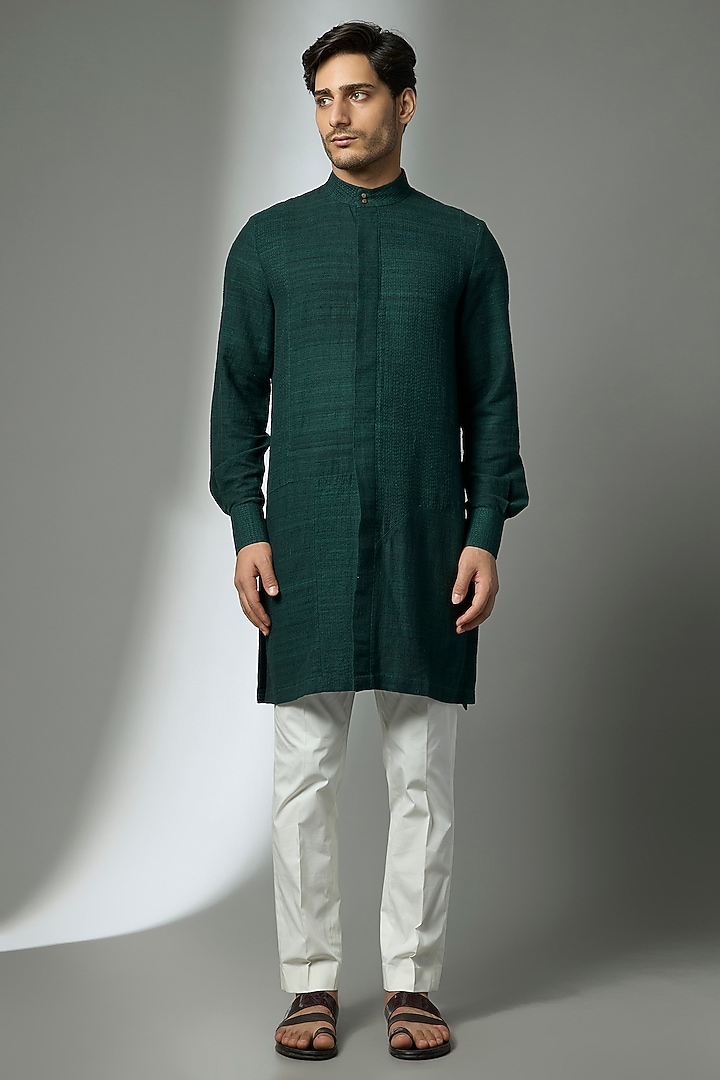 Bottle Green Raw Silk Kurta Set by Divyam Mehta Men at Pernia's Pop Up Shop