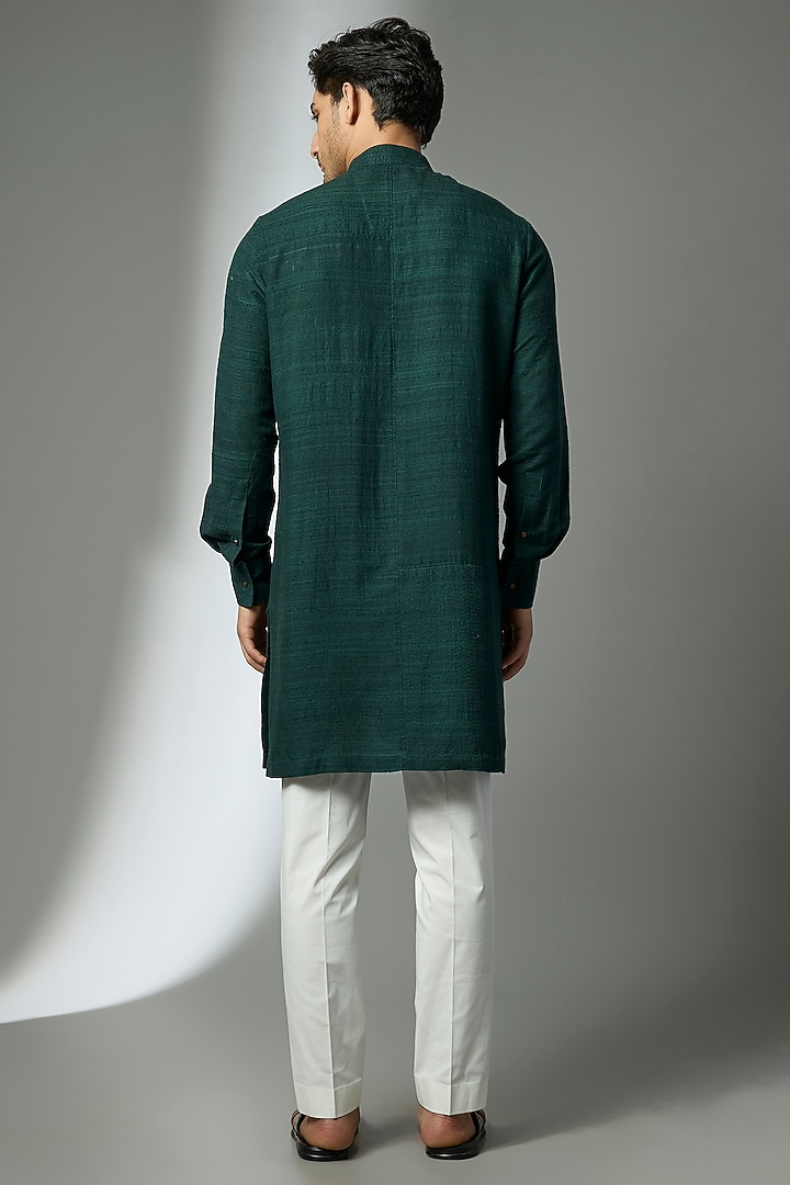 Bottle Green Raw Silk Kurta Set by Divyam Mehta Men at Pernia's Pop Up Shop