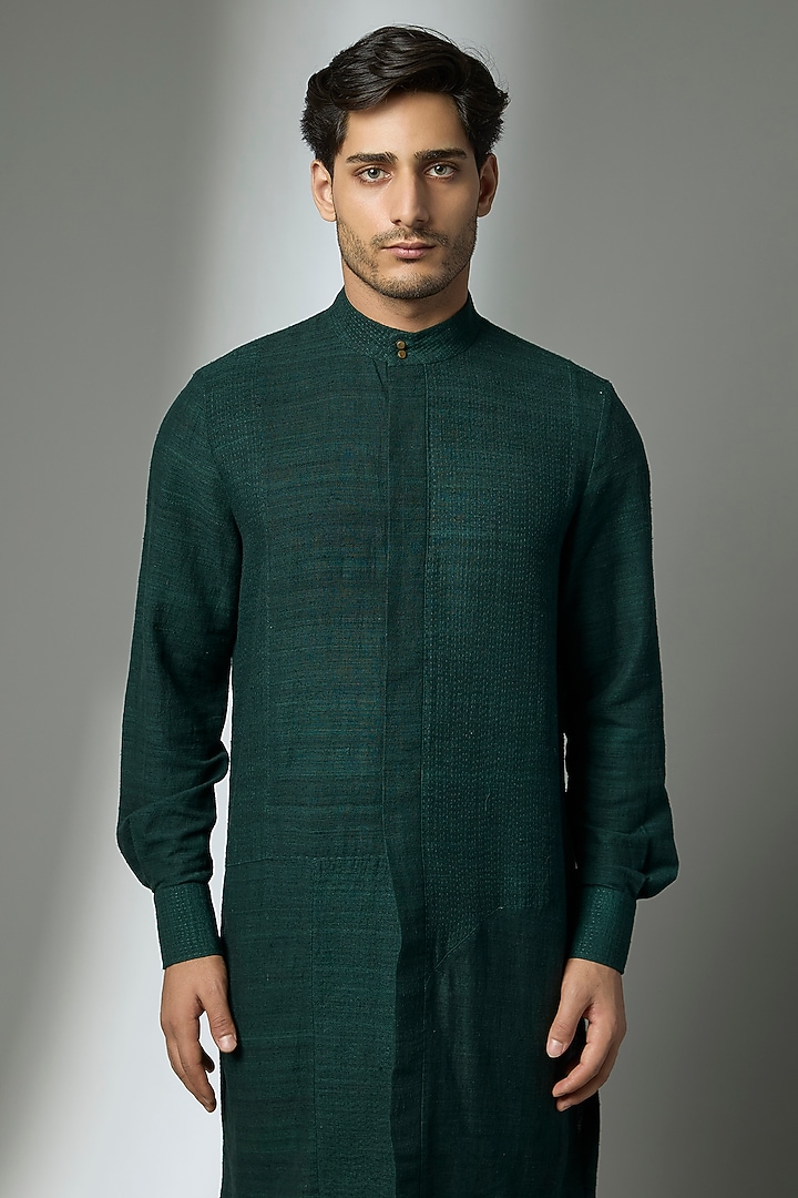 Bottle Green Raw Silk Kurta Set by Divyam Mehta Men at Pernia's Pop Up Shop