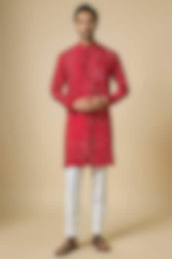 Red Matka Silk Kurta Set by Divyam Mehta Men at Pernia's Pop Up Shop