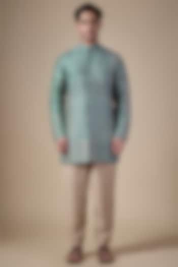 Atlantic Blue Raw Silk Block Printed Kurta Set by Divyam Mehta Men at Pernia's Pop Up Shop