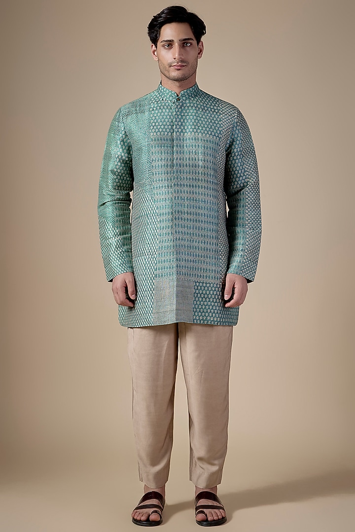 Atlantic Blue Raw Silk Block Printed Kurta Set by Divyam Mehta Men at Pernia's Pop Up Shop