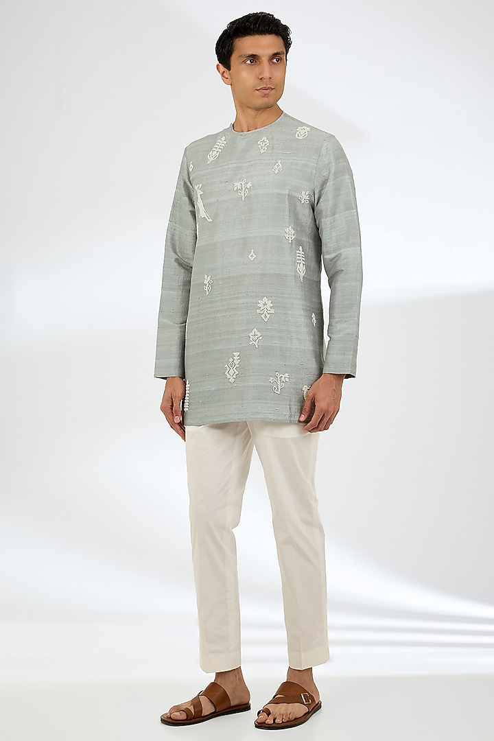 Blue Silk Kurta Set by Divyam Mehta Men