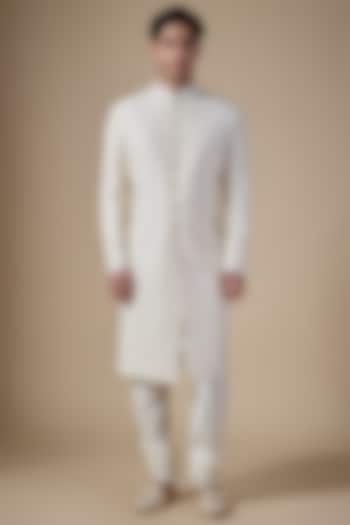 Ivory Raw Silk Bead Work Groom Sherwani Set by Divyam Mehta Men at Pernia's Pop Up Shop