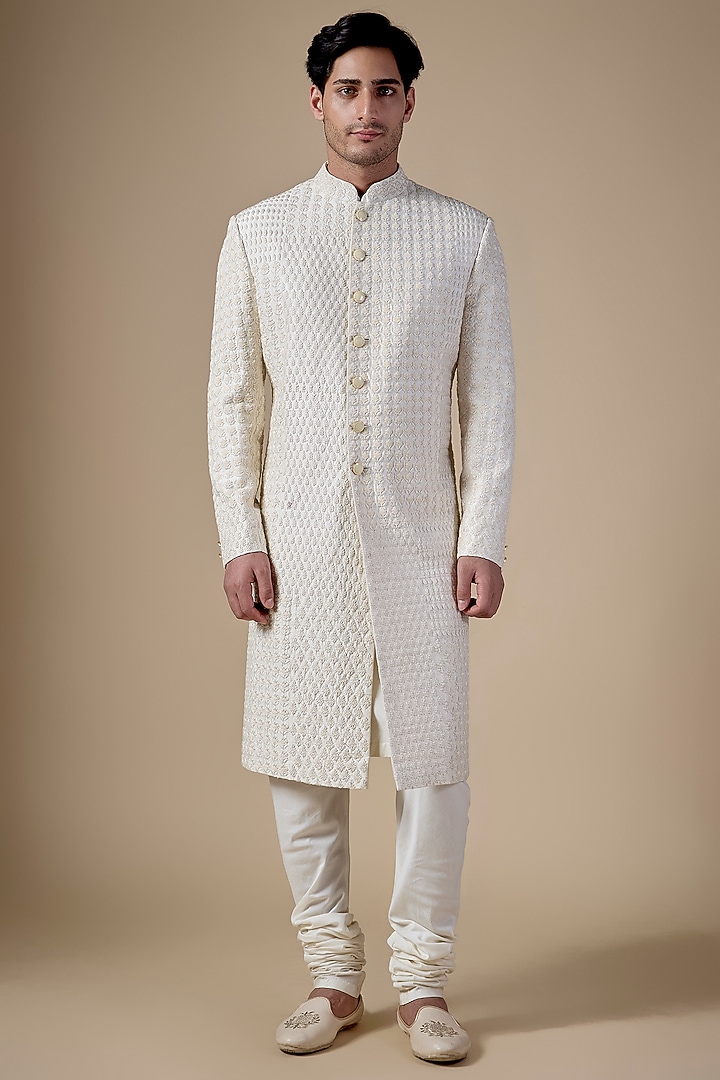 Ivory Raw Silk Bead Work Groom Sherwani Set by Divyam Mehta Men at Pernia's Pop Up Shop