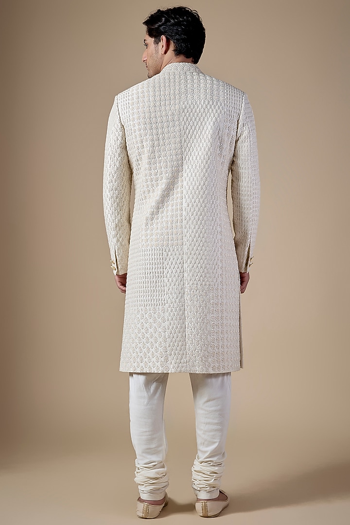 Ivory Raw Silk Bead Work Groom Sherwani Set by Divyam Mehta Men at Pernia's Pop Up Shop