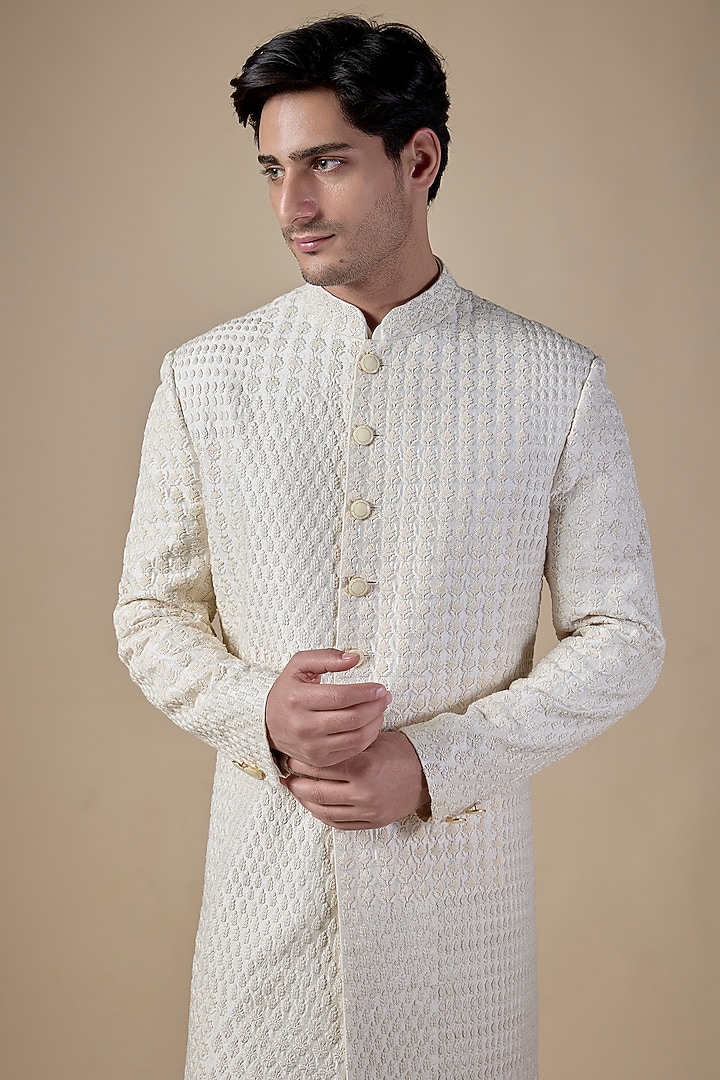 Ivory Raw Silk Bead Work Groom Sherwani Set by Divyam Mehta Men at Pernia's Pop Up Shop