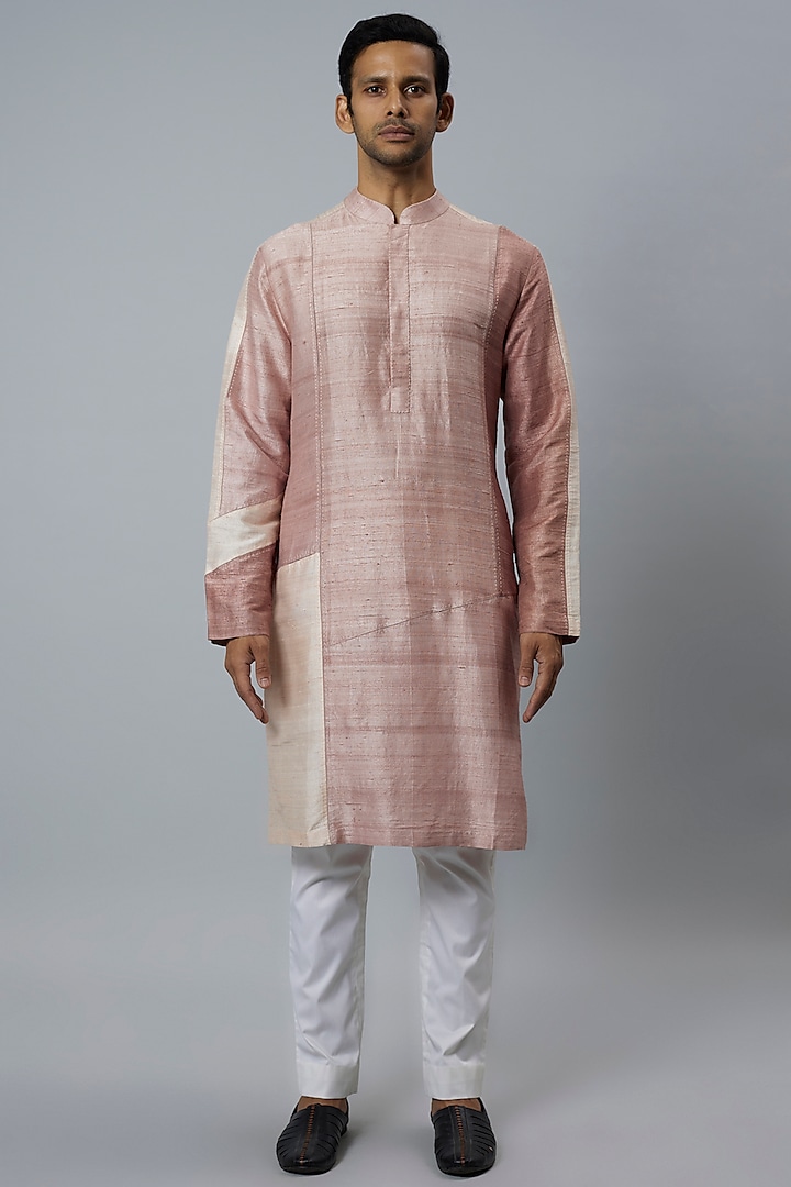 Beige Raw Silk & Stretch Cotton Color Blocked Kurta Set by Divyam Mehta Men