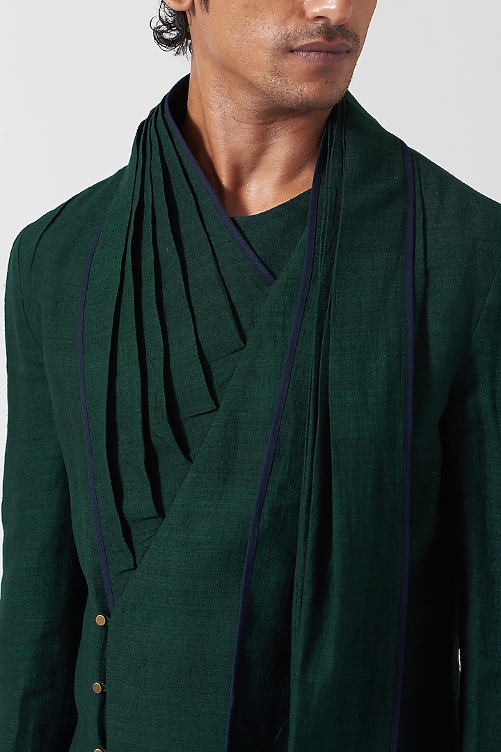Bottle Green Matka Silk Draped Kurta Set by Divyam Mehta Men at Pernia's Pop Up Shop