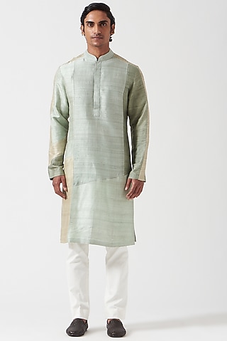 Mint Raw Silk Color Block Kurta Set by Divyam Mehta Men