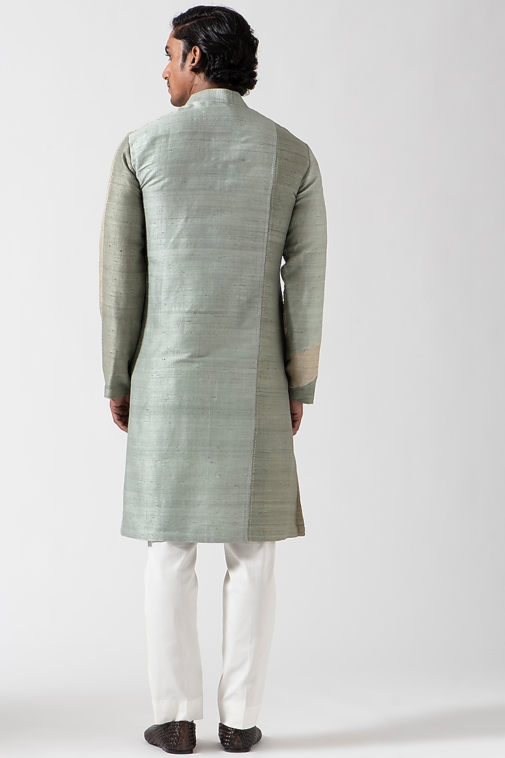 Mint Raw Silk Color Block Kurta Set by Divyam Mehta Men at Pernia's Pop Up Shop