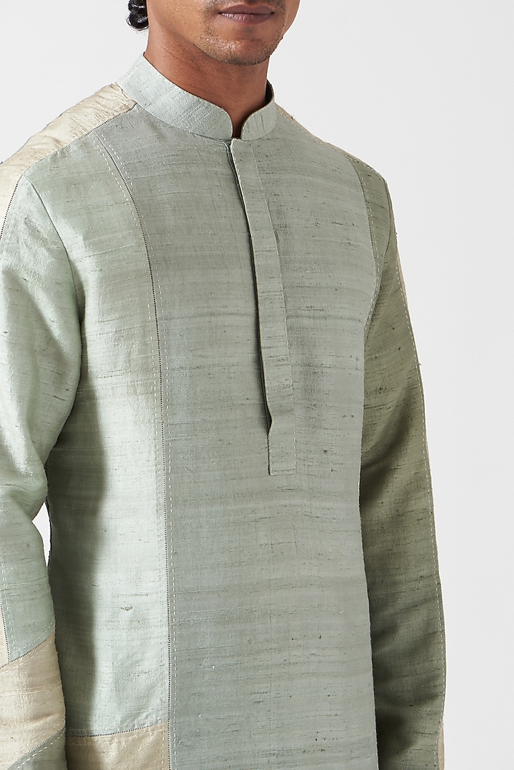 Mint Raw Silk Color Block Kurta Set by Divyam Mehta Men at Pernia's Pop Up Shop