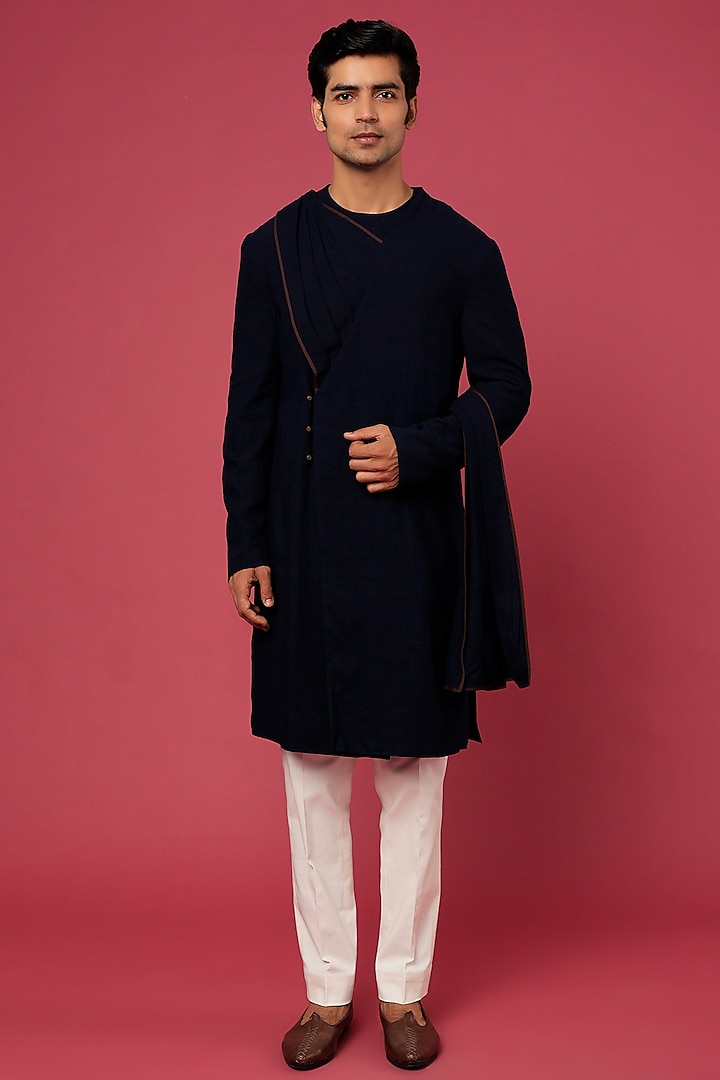 Dark Blue Matka Silk Kurta Set by Divyam Mehta Men