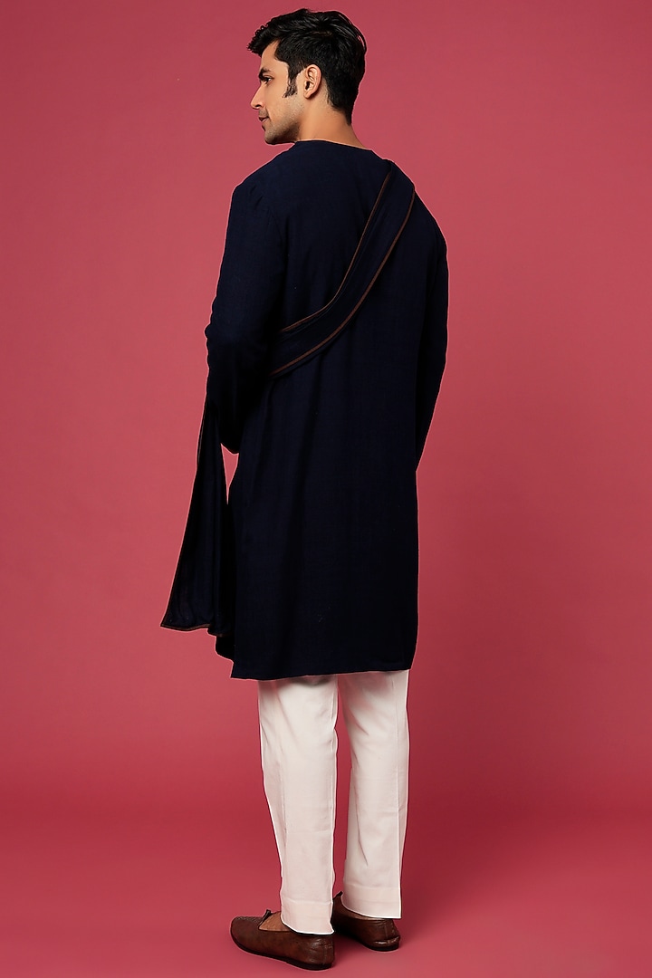 Dark Blue Matka Silk Draped Kurta Set by Divyam Mehta Men at Pernia's Pop Up Shop