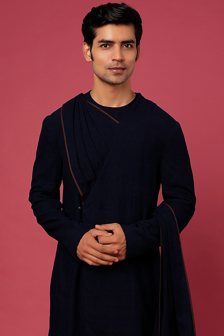 Dark Blue Matka Silk Draped Kurta Set by Divyam Mehta Men at Pernia's Pop Up Shop
