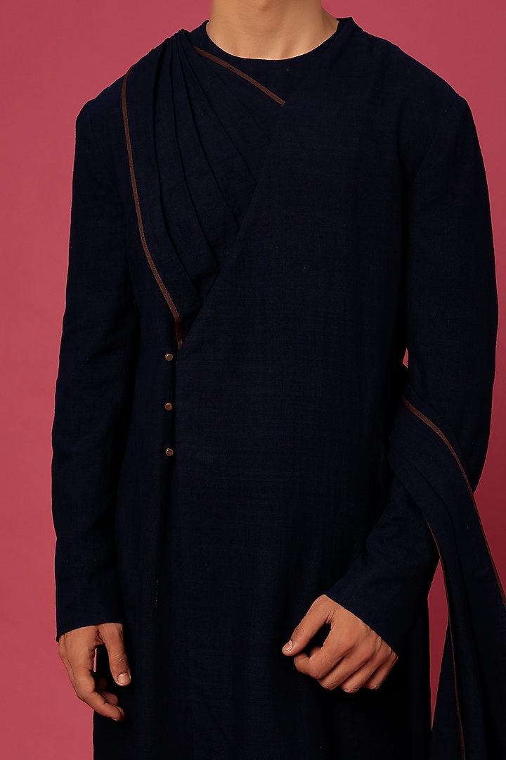 Dark Blue Matka Silk Draped Kurta Set by Divyam Mehta Men at Pernia's Pop Up Shop