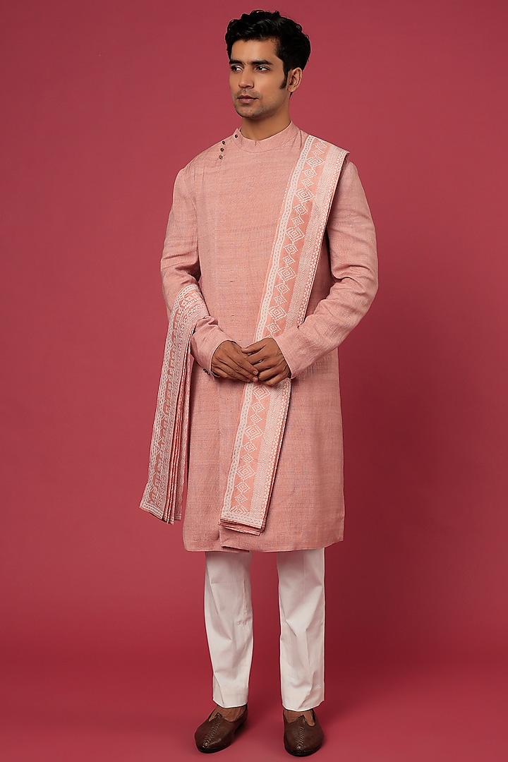 Peach Pink Raw Silk Kurta Set by Divyam Mehta Men
