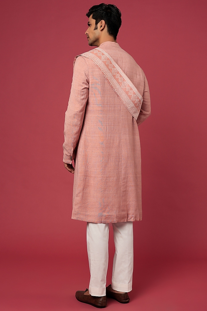 Peach Pink Raw Silk Draped Kurta Set by Divyam Mehta Men at Pernia's Pop Up Shop