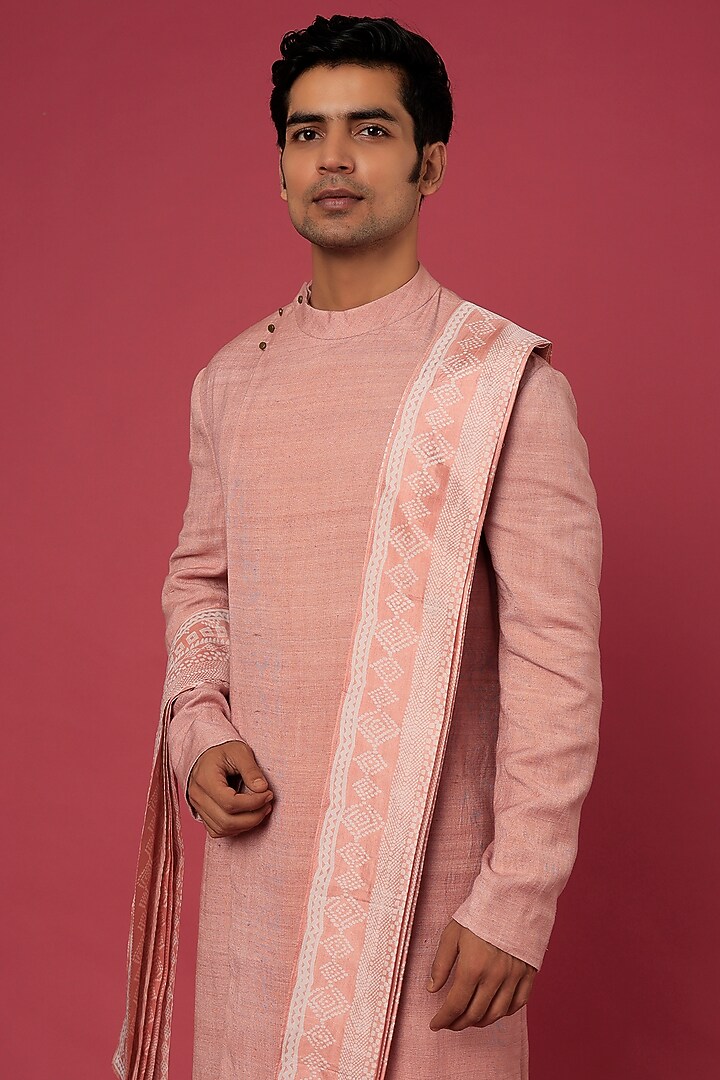 Peach Pink Raw Silk Draped Kurta Set by Divyam Mehta Men at Pernia's Pop Up Shop