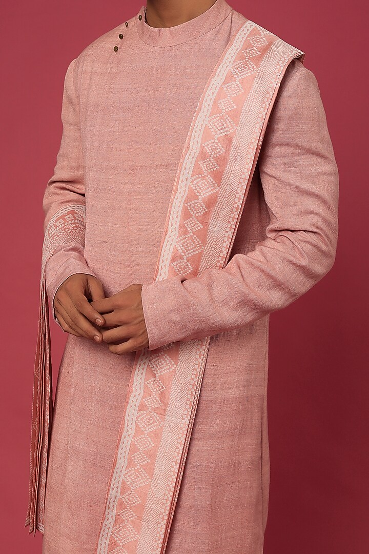 Peach Pink Raw Silk Draped Kurta Set by Divyam Mehta Men at Pernia's Pop Up Shop