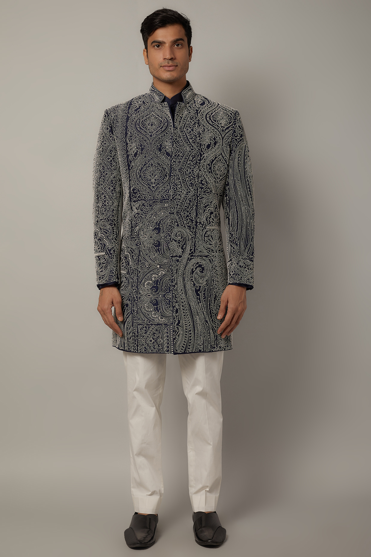 Midnight Blue Raw Silk Beads Embroidered Achkan Set by Divyam Mehta Men