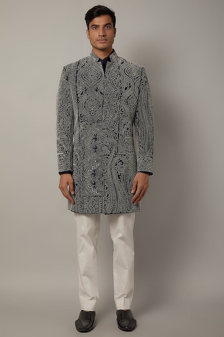 Midnight Blue Raw Silk Beads Embroidered Achkan Set by Divyam Mehta Men