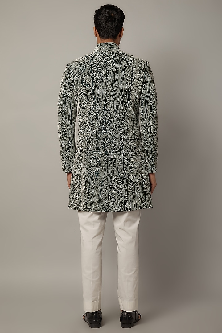 Dark Green Raw Silk Beads Embroidered Achkan Set by Divyam Mehta Men at Pernia's Pop Up Shop