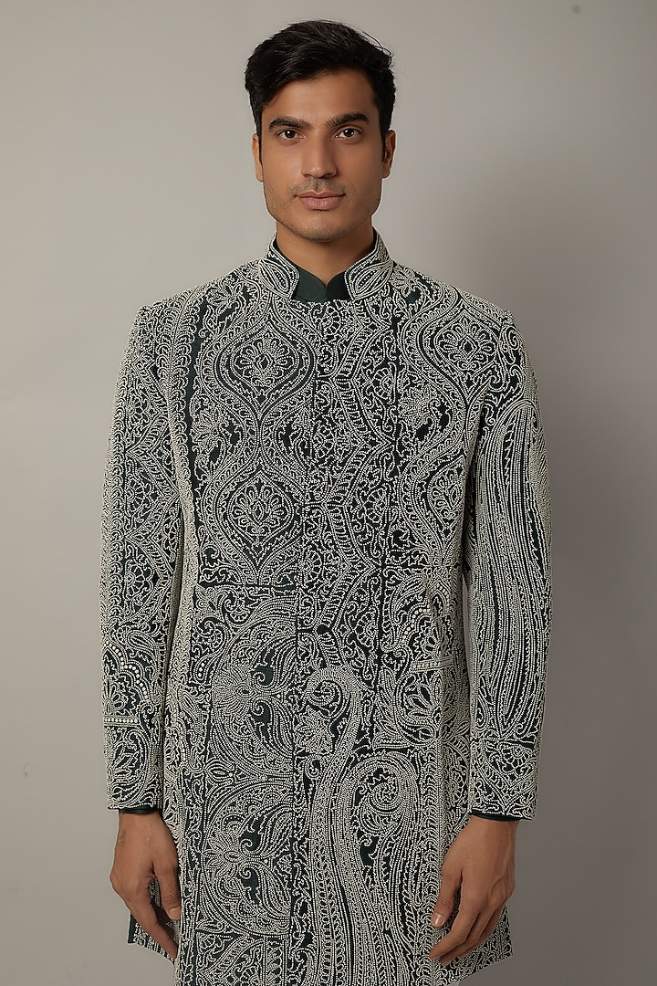 Dark Green Raw Silk Beads Embroidered Achkan Set by Divyam Mehta Men at Pernia's Pop Up Shop