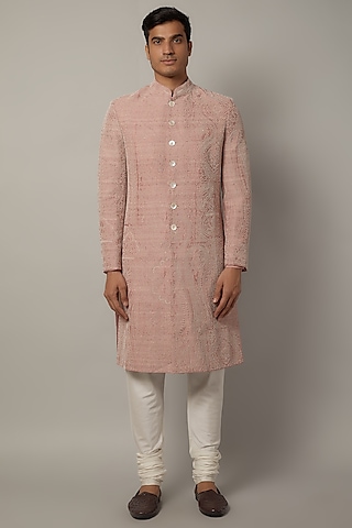 Pink Raw Silk Bead Embroidered Sherwani Set by Divyam Mehta Men