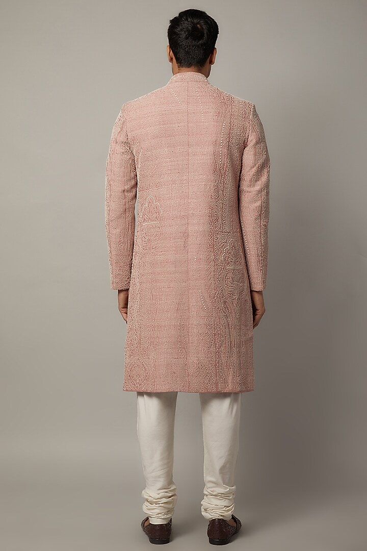 Pink Raw Silk Bead Embroidered Groom Sherwani Set by Divyam Mehta Men at Pernia's Pop Up Shop