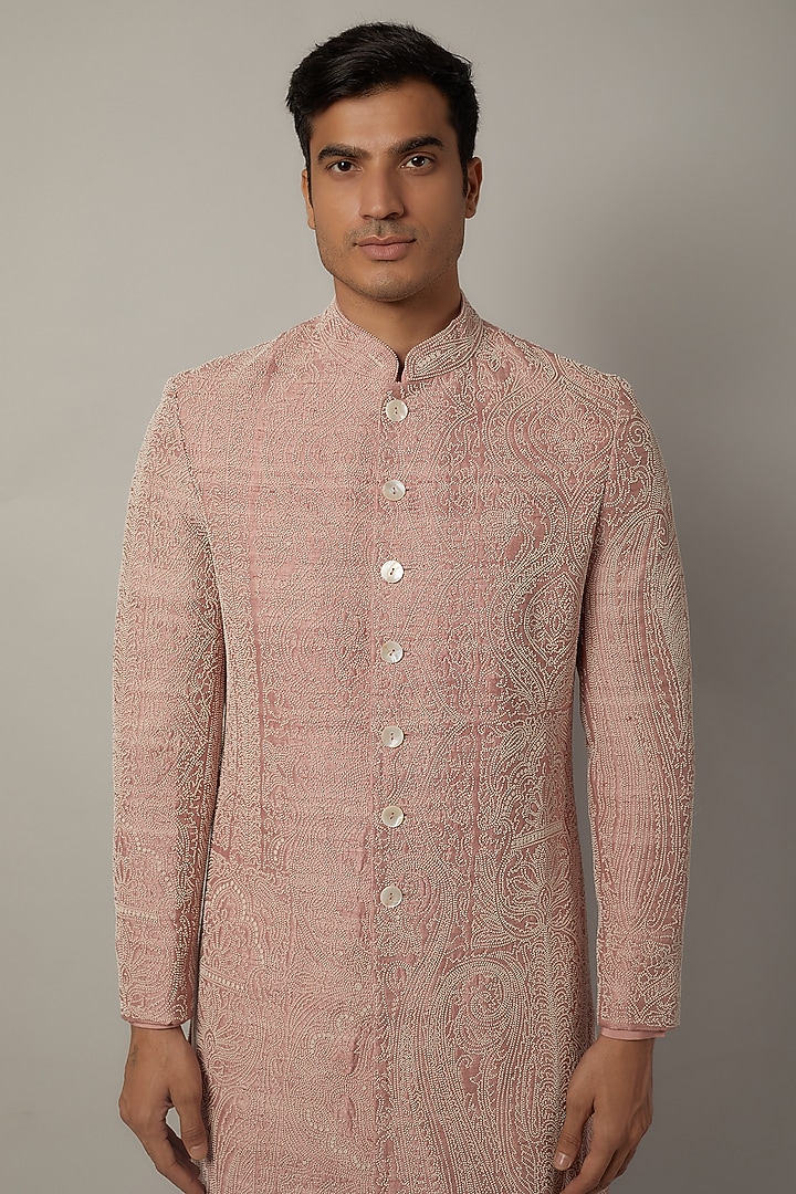 Pink Raw Silk Bead Embroidered Groom Sherwani Set by Divyam Mehta Men at Pernia's Pop Up Shop