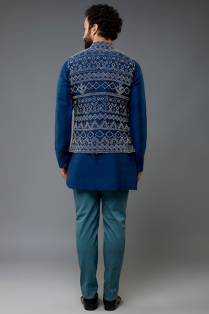 Blue Dupion Silk Embroidered Nehru Jacket Set by Divyam Mehta Men at Pernia's Pop Up Shop